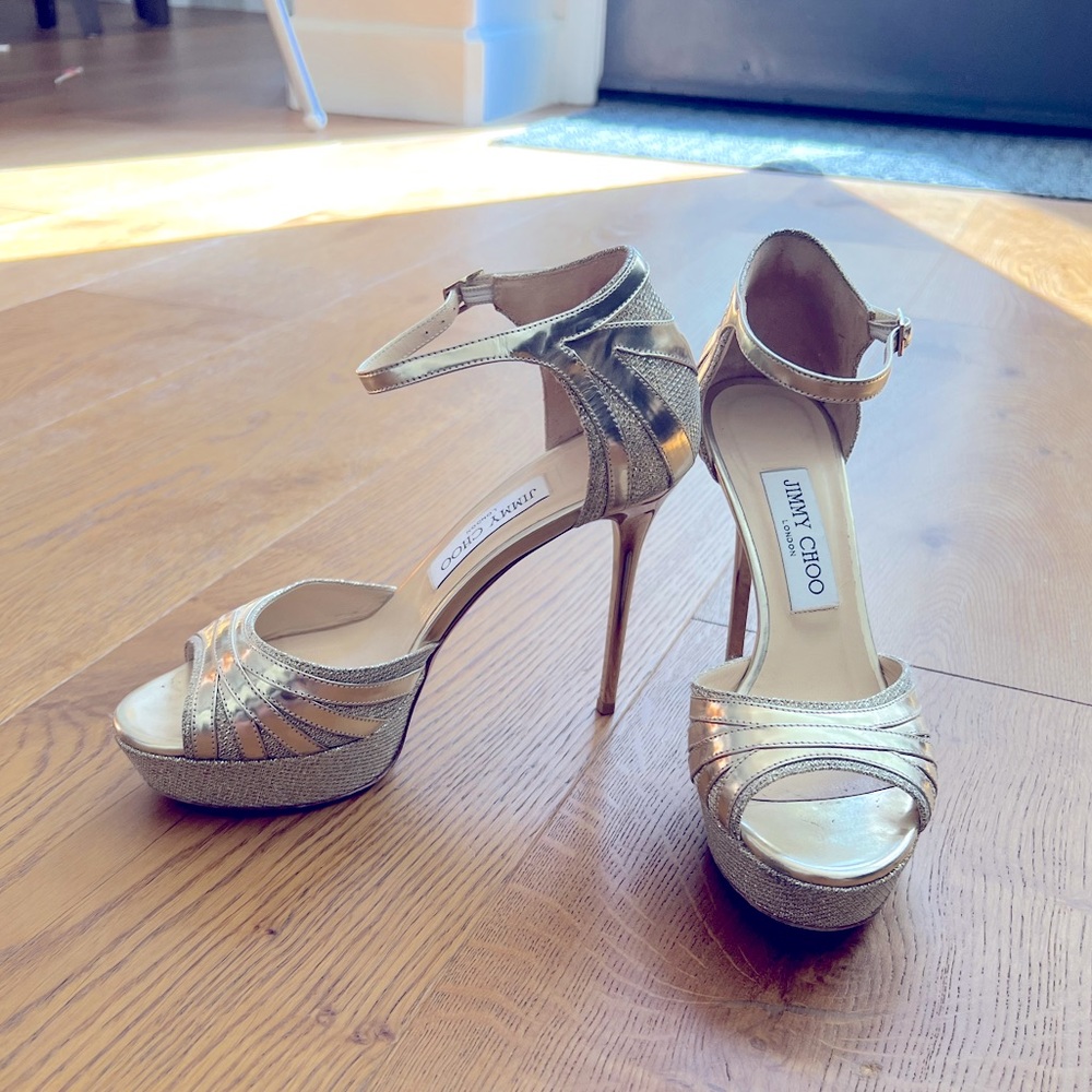 Jimmy Choo “Deema” Metallic Ankle-Strap Stiletto Sandals, Gold - Size 37
